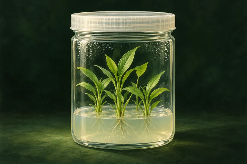 栄養ゲル中で根を張って成長している緑色の植物体と根の概念的な植物図。
